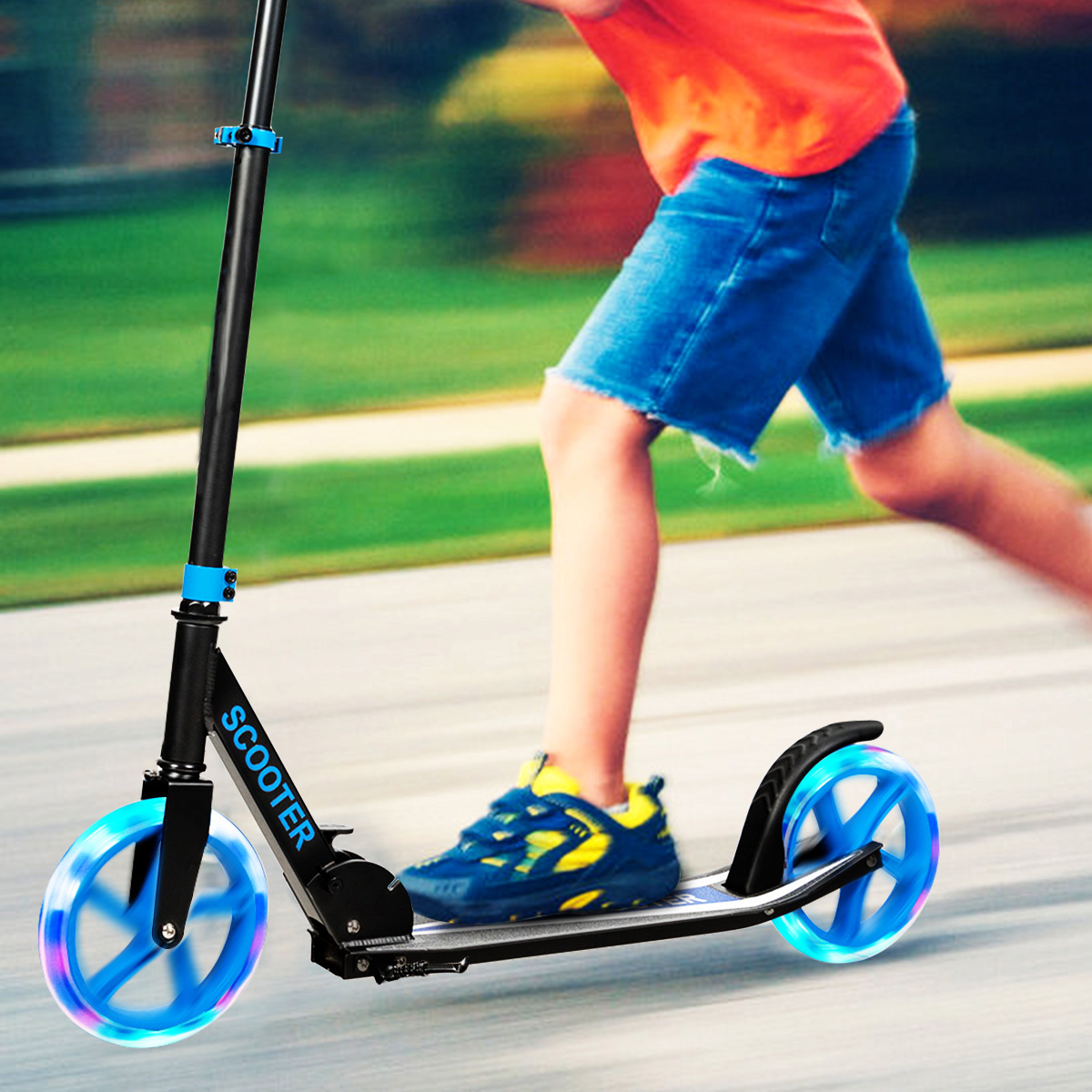 Sport Scooter met verstelbare handgreep duurzaam en opvouwbaar met 2 LED flitswielen blauw
