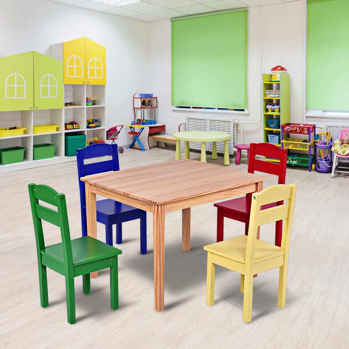 5-delige kinderzitgroep kindertafelgroep kindertafel met 4 stoelen grenen gekleurd en naturel