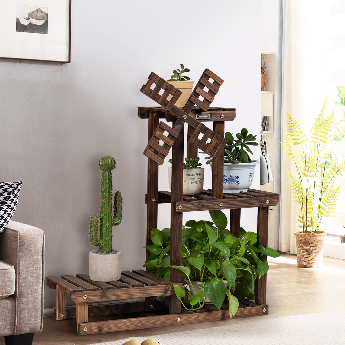 4-laags plantenrek rustieke houten plantenstandaard 75 x 25 x 71 cm bruin