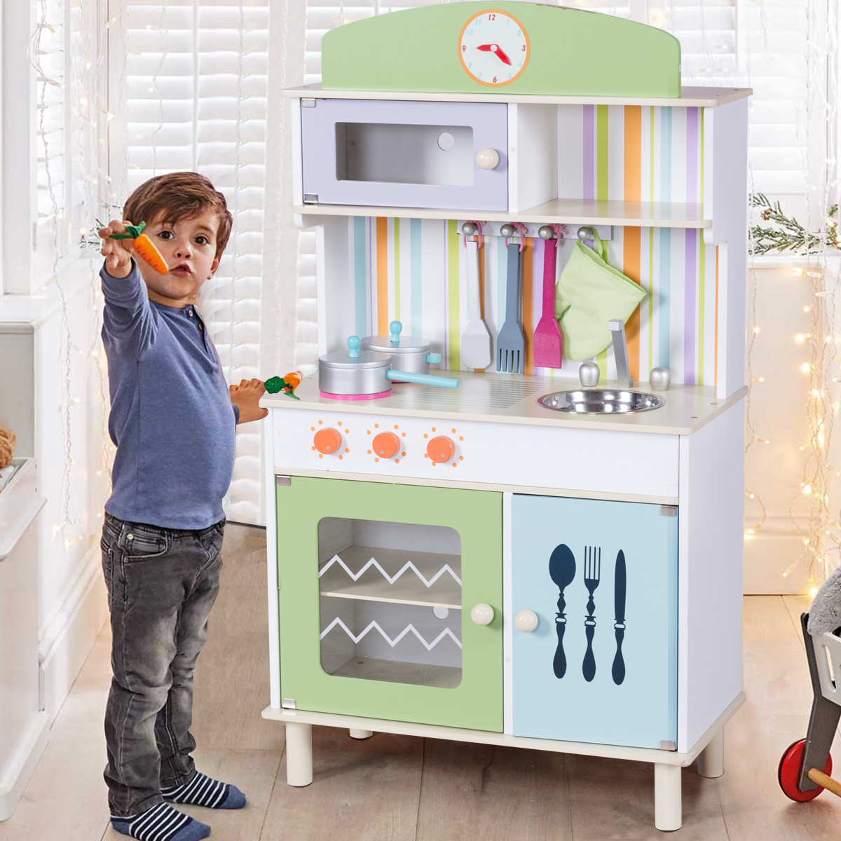 Kinderkeuken met ovenwant en houten kookgerei speelkeuken met grote opbergruimte kinder speelkeuken 