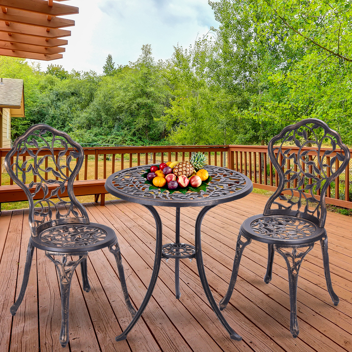 3-Delige buiten bistro set met roestbestendig gegoten aluminium en bladeren ontwerp balkon tafel en 