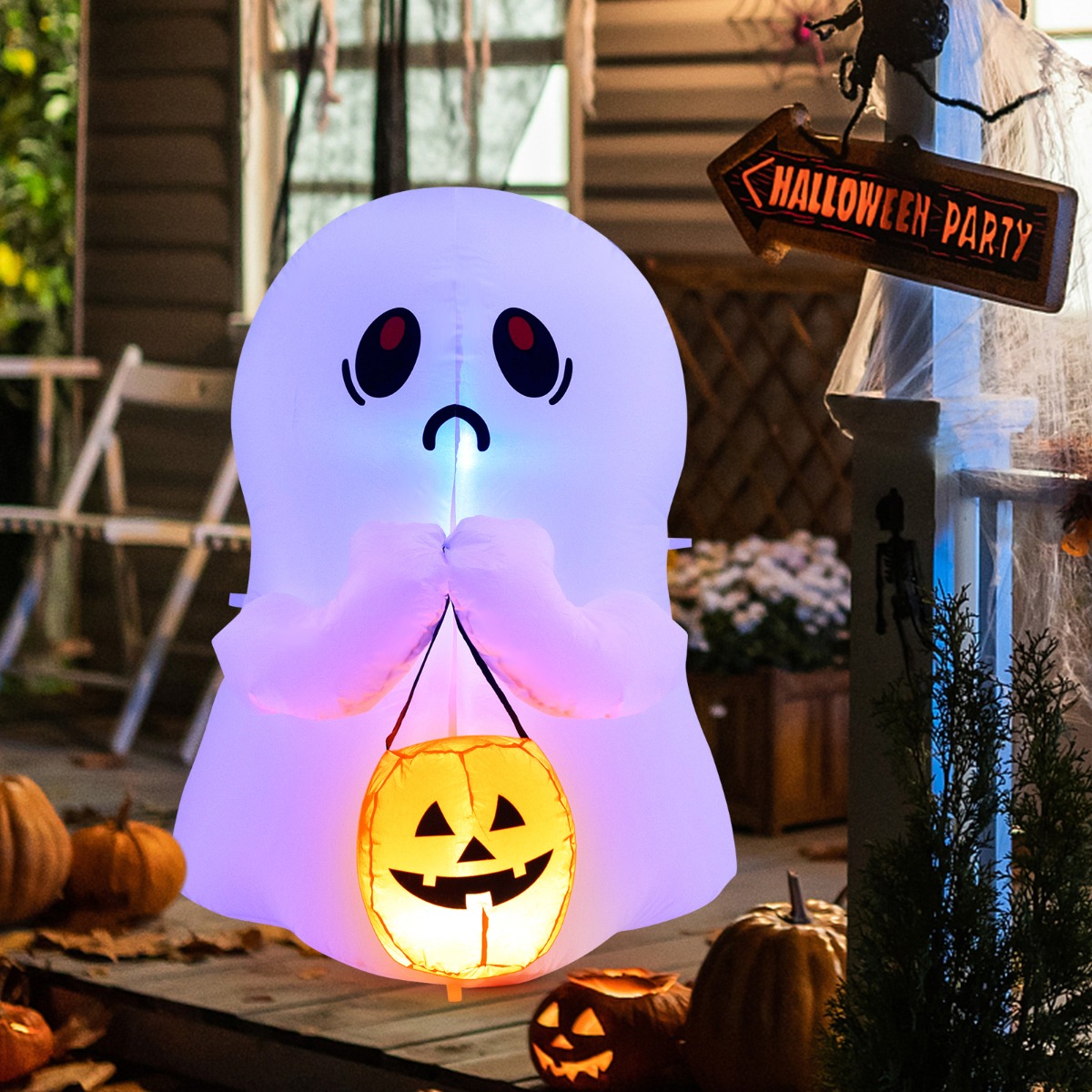 120cm opblaasbare Halloween-spook met pompoen Halloween-decoratie met led-verlichting wit + oranje