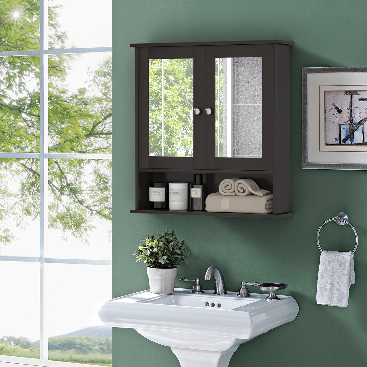 Spiegelkast moderne hangkast met in hoogte verstelbare plank badkamerspiegel bruin
