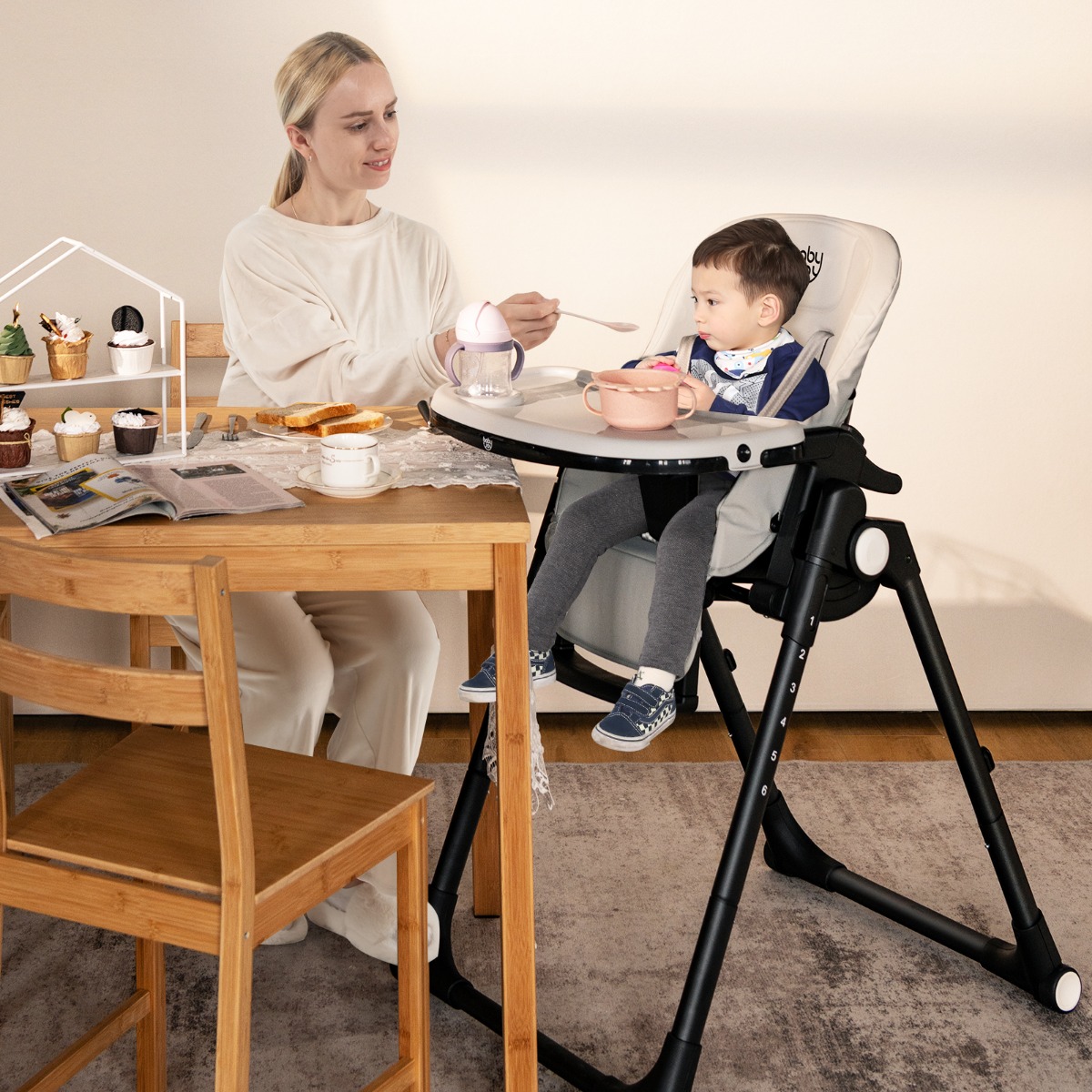 Baby Kinderstoel Opvouwbare Kinderstoel met 6 Verstelbare Hoogtes Eetstoel voor Kleuters Grijs