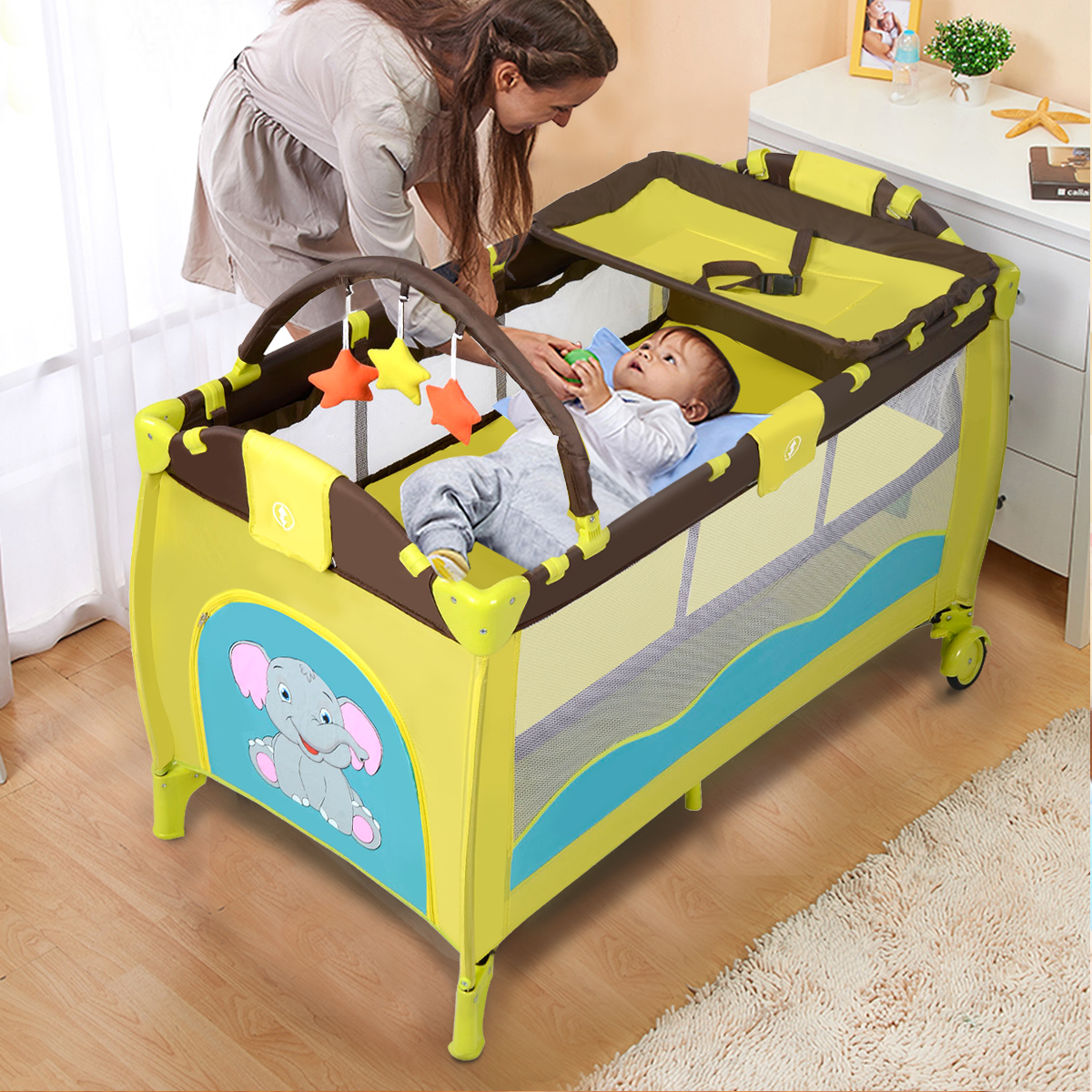 3-in-1 Baby Speelbed Draagbare Opvouwbare Babykamer Comfortabel Matras Baby Wiegje Bed & Box met Spe