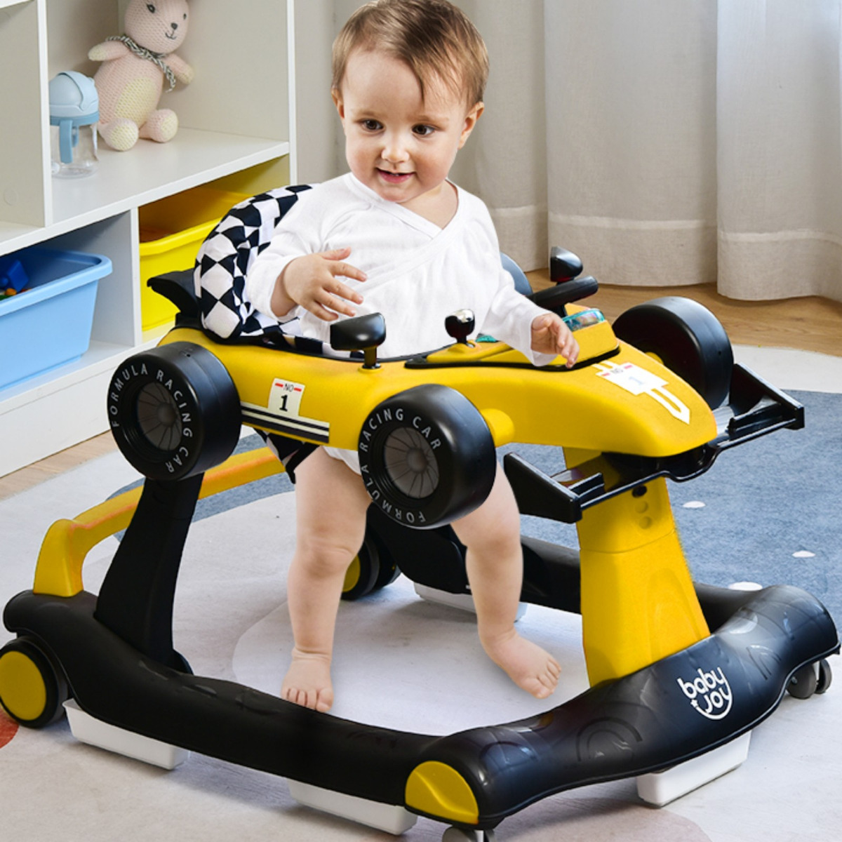 4 in-1 Loopwagen met Instelbare Hoogte en Snelheid Babykart met Anti-Slip Pads Inklapbare Babywandel