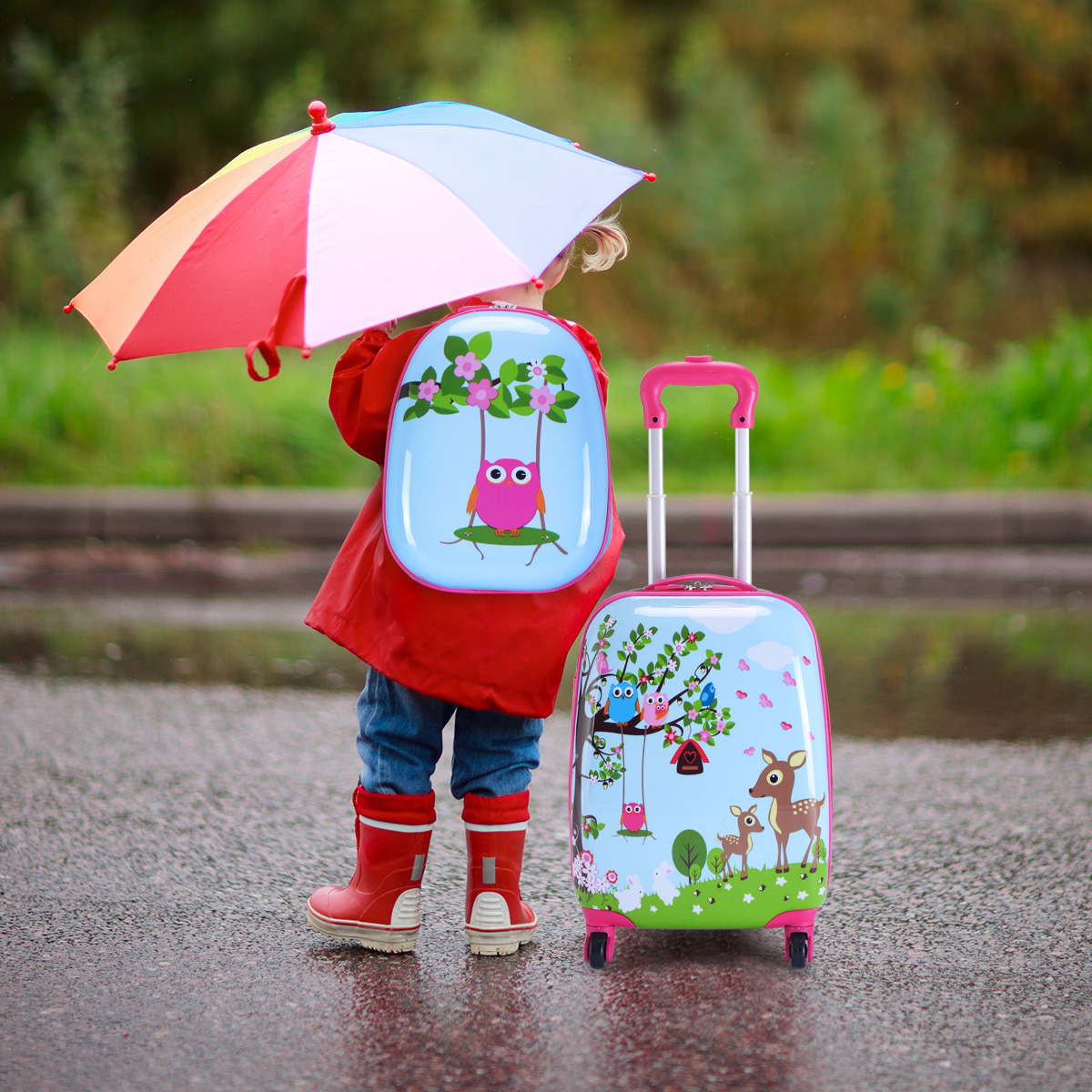 Tweedelige Kofferset voor Kinderen Trolley Koffer met een Schattig Patroon Roze + Blauw