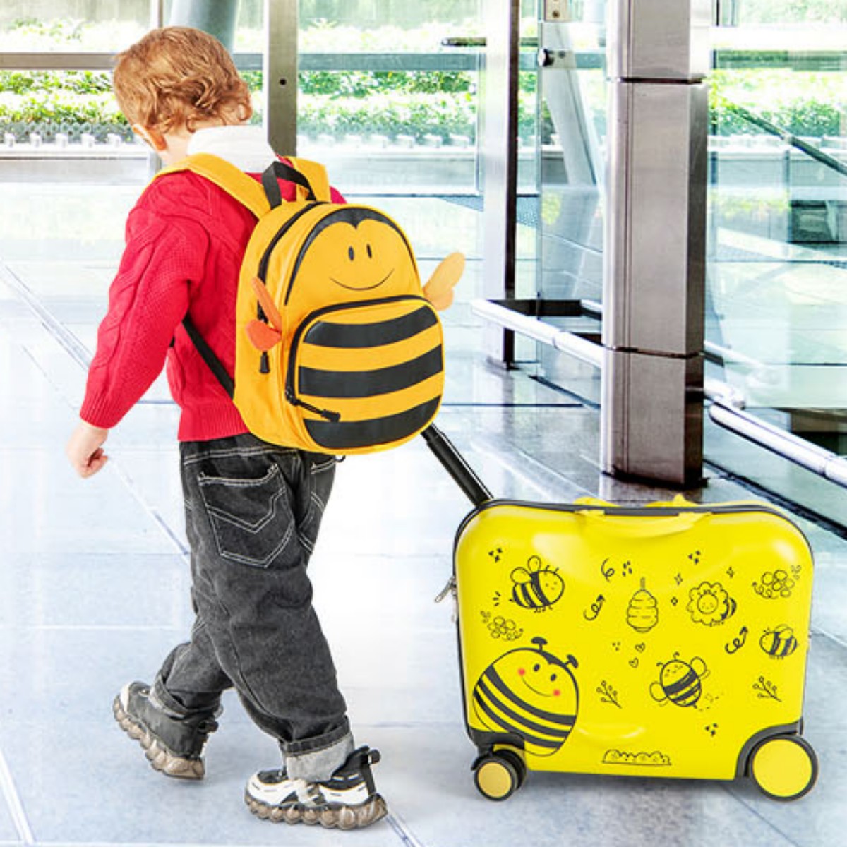 Kinderkoffer met Rugzak Kinderbagage met Wieltjes Reiskoffer Hardcase-koffer voor Kinderen Geel
