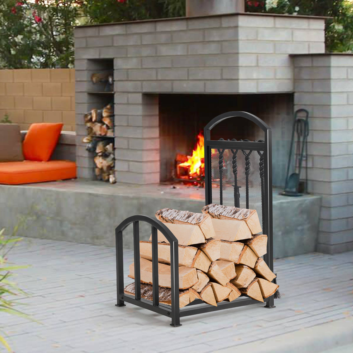 Brandhoutrek met 4 Haardgereedschap Brandhoutrek Metaal Brandhoutrek Plank 5-Delige Set voor Binnen 