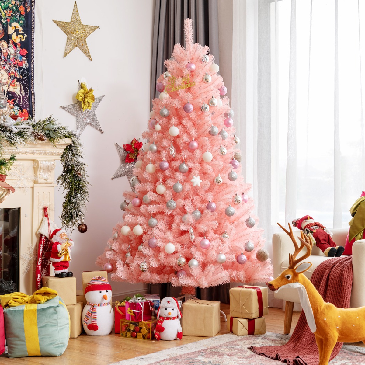180cm Hoge Roze Kunstmatige Kerstboom met Roze Ornamenten Kerstboom Vakantie Decoratie
