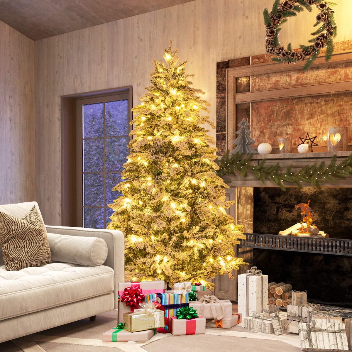 180 cm Hoge Kunstkerstboom Gevlokte Kerstboom met 1415 Takpunten 260 Warmwitte LED-Verlichting Verli