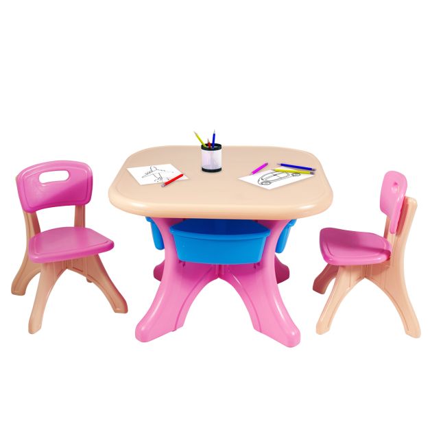 Zeker Merchandising kant 3st. Kinderzitgroep Kindertafel en 2 Kinderstoelen Opbergdozen Roze -  Costway