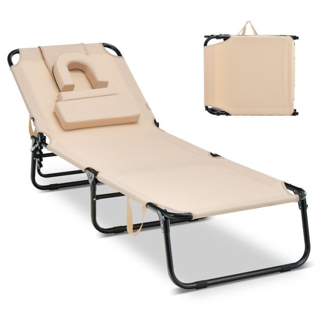 materiaal Viskeus Gewaad Zonneligstoel met Gezichtsopening Inklapbare Ligstoel Strandstoel Ligstoel  voor Tuin en Zwembad (Beige) - Costway