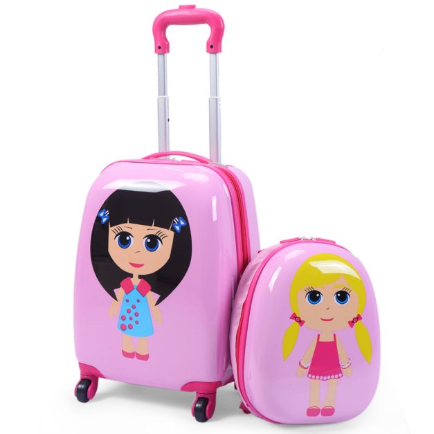 school voorkomen leider 2-delige kinderkoffer + rugzakkofferset reisbagage roze - Costway