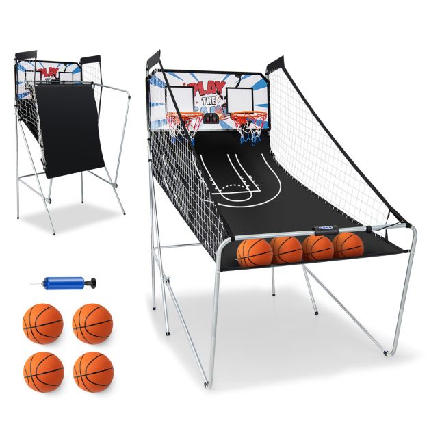 Noordoosten diepgaand hengel Basketbalmachine Opvouwbaar Basketbal-Arcadespel met 2 Manden 207 x 108 x  205 cm Zwart - Costway