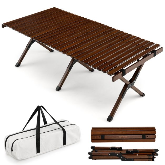 Campingtafel Picknicktafel met Oprolbare Bamboe Tafel 122 x 60 x 43,5 cm Koffie - Costway