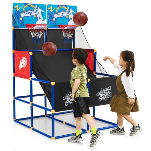 Fauteuil lever Groen Basketbal Arcade Spel voor Kinderen Basketbalstandaard met 2 Manden 90 x 90  x 140 cm - Costway