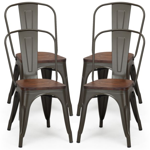4-delige Tolix Eetkamerstoelenset Stapelbare metalen stoelen 52 x 42 x 84 cm Bruin + Grijs - Costway