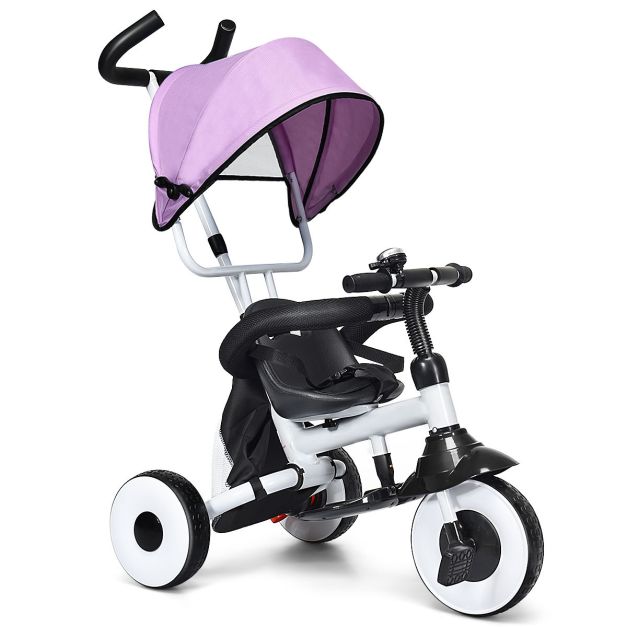 4-in-1 kinder driewieler opvouwbare baby 3 wielen fiets met luifel roze - Costway