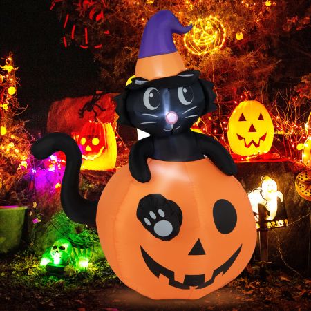 Costway 150 cm hoge opblaasbare Halloween-decoratie zwarte kat met tovenaarshoed in pompoen