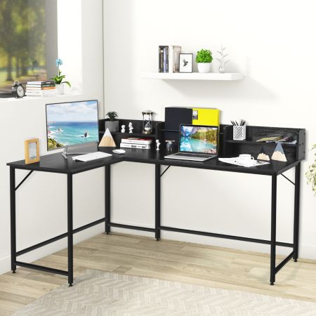 166 cm Lange L-vormige Werktafel Computerbureau met Legplanken en Ordnerrek Zwart