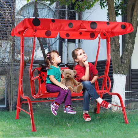 Costway kinderen terras schommelstoel kinderen veranda schommel met veiligheidsgordel afneembare luifel bank voor 2 personen