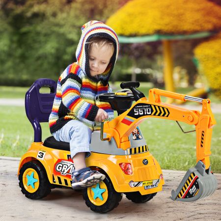 COSTWAY Kinderen Rijden op een Graafmachine,  Buiten Graafmachine Speelgoed met Veiligheidshelm/Muziek/Hoorn/Zand Speelgoed /Onder Opslag 103 X 29 X 46.5 CM