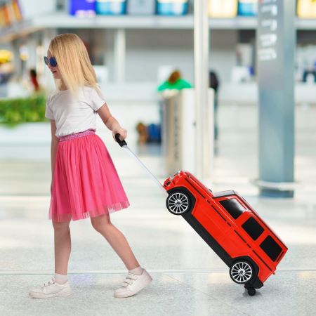Costway 2 in 1 Kinderkoffer Speelgoedauto met Inklapbaar Handvat 60 x 31 x 26 cm Rood