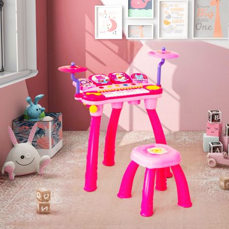 Kindertoetsenbord Elektrisch Toetsenbord Set met Krukje Microfoon MP3 LED Lampjes Roze