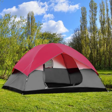 Campingtent 5-6 Persoons Koepeltent Pop-up Tent Dubbellaags Winddicht 300x300x165cm Rood en Grijs