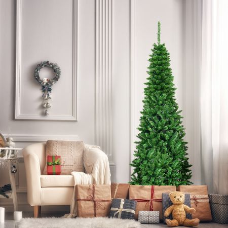 200cm slanke kerstboom met warmwitte LED's Opvouwbare kunstmatige dennenboom met metalen standaard en PVC-naalden Groen