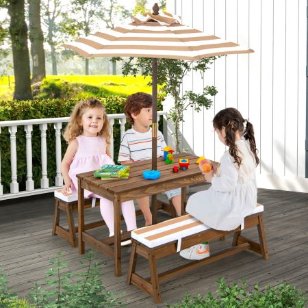 Kids Picknicktafel met Paraplu Houten Tafel en Bank Set met Kussens Indoor Outdoor Activity Tafel en Stoel Set voor Kleuters Koffie