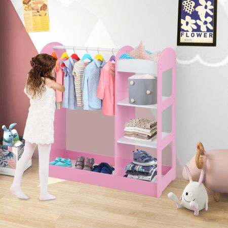 Kindergarderobe met Spiegel Kinderkledingkast van Hout met Kleerhangers en 4 Planken 93,5 x 38 x 100 cm Roze