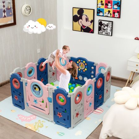 Costway Multifunctionele Baby box met deur en speelplank 60 x 62 cm Roze + Donkerblauw