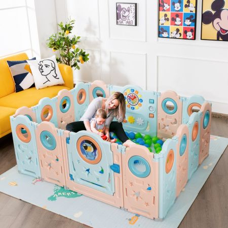 Costway Multifunctionele Baby box met 16 Stuks draagbare box 60 x 62 cm Roze + Lichtblauw