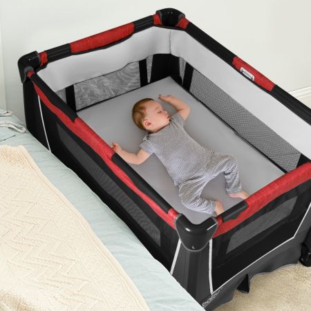 Costway 4-in-1 Babybox Opvouwbaar Deluxe Babybed met Wielen 103 x 72,5 x 112 cm Rood + Zwart
