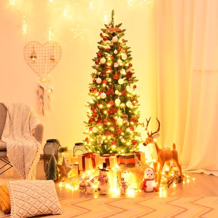 COSTWAY Slanke kerstboom van 180 cm met warmwitte LED's Faux-naalden Opvouwbaar met metalen standaard Groen