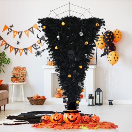 Costway 180 cm Zwarte Kunstkerstboom Verlichte Halloweenboom met 270 Paarse LED-lampjes