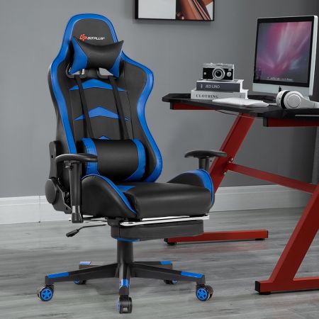 Bureaustoel Gamingstoel met Intrekbare Voetensteun en Verstelbare Rugleuning Computerstoel met Hoge Rugleuning (Blauw)