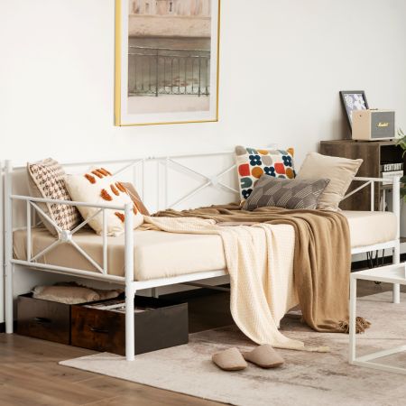 Metal Daybed Frame Modern Sofa Bed Steel Slat Support Matras White