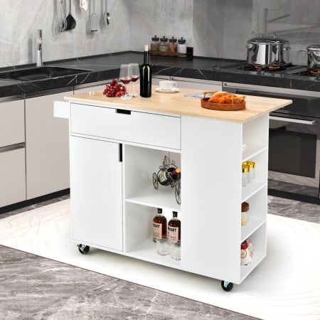 Keukenwagen Serveerwagen op Wieltjes Keukeneilandwagen Keukenkast met Planken & Lade & Kruidenrek Keukentrolley (Wit)
