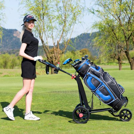 3-wiel golfkar opvouwbare lichtgewicht ijzeren golfkar met verstelbaar TPR-handvat metalen golf duwkar zwart