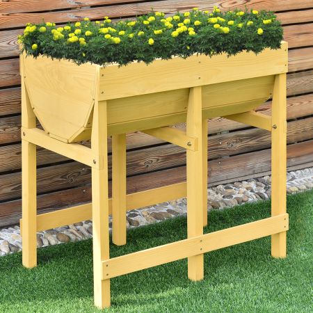 houten gele bloembed plantenbak met werkt bed