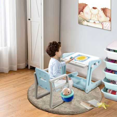 2-in-1 Magnetisch Tekenbord Kinderbureau met in Hoogte en Kantelbaar Verstelbaar Tafelblad Blauw