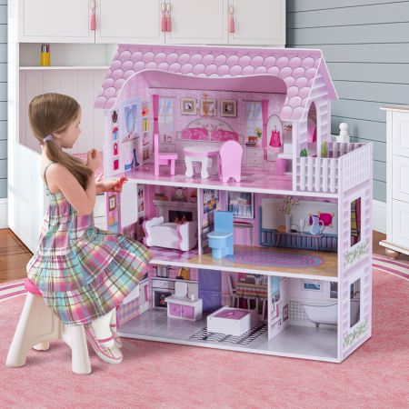 3 verdiepingen poppenhuis houten poppenvilla meisje roze