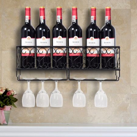 COSTWAY Aan de Muur Bevestigde Wijnrek Metalen Wijnfles Plank met Glashouder huis Keuken en Bar Zwart 50 X 10 X 17 CM