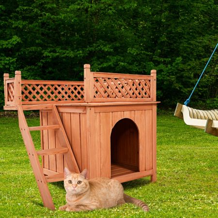 Cat House Hondenhok Houten Hondenhok met Trappen Twee Verdiepingen Tellend Klein Dierenhok voor Honden en Katten