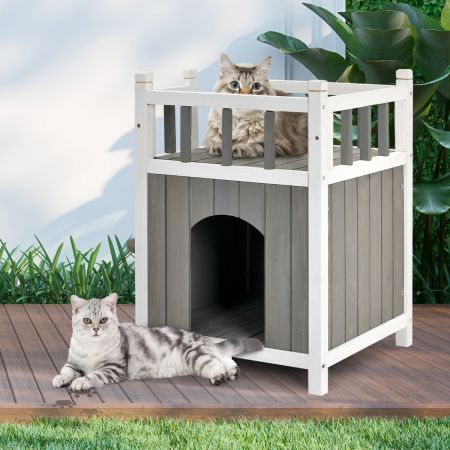 Wooden Cat House Outdoor Winterized Cat Hut 2 Tier Houten Kattengrot voor Buiten en Binnen