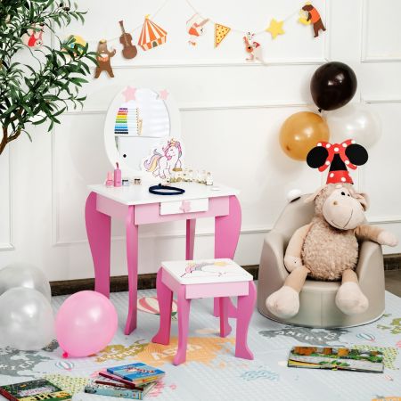 Costway Houten Kinderkaptafel met Krukje & Uitneembare Spiegel & Lade Roze