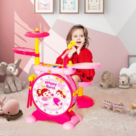 Costway Kinderen Elektronische Drum & Toetsenbord Set 2-in-1 Rol Jazz Drum Kit met Kruk Microfoon MP3 Opnemen & Spelen LED-verlichting Roze